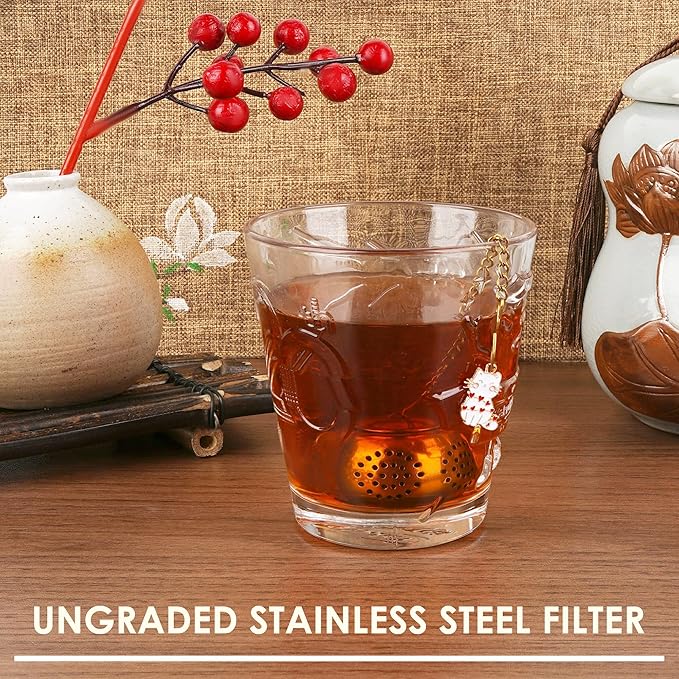 Set of 2 Loose Leaf Tea Infuser Ball, Stainless Steel Tea Brewer Filter with Cat Accessories, Tea Strainer with Chain and Drip Trays (Gold)