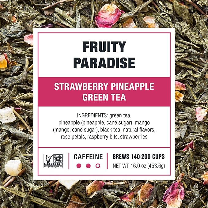 Tiesta Tea - Fruity Paradise, Loose Leaf, Strawberry Pineapple Green Tea, Premium Medium Caffeinated Green Blend, Make Hot or Iced & Brews Up to 200 Cups, 16oz Resealable Bulk Pouch