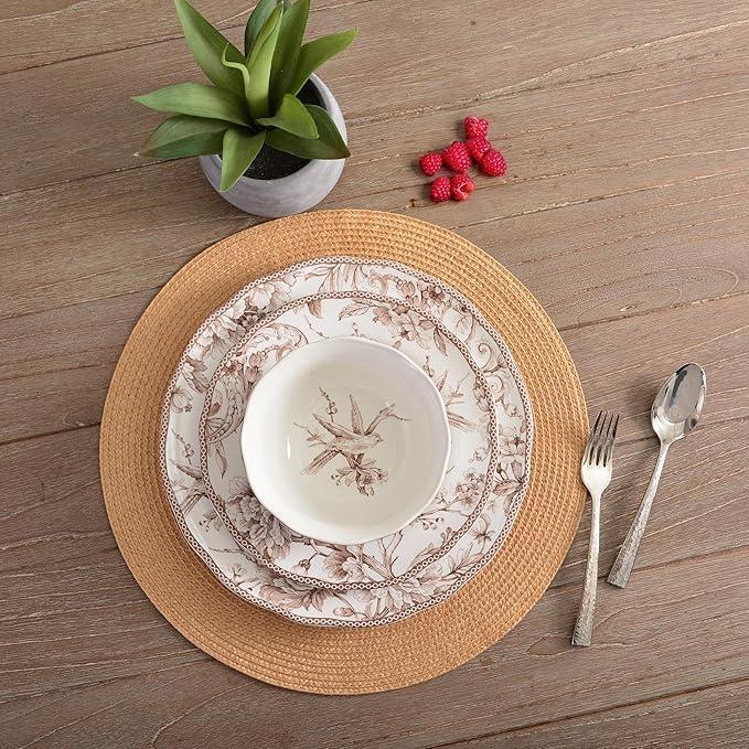 222 Fifth Adelaide Brown on White 12-Piece Dinnerware Set – Service for 4, Plate & Bowl Set,Durable Porcelain, Dishwasher Safe, for Everyday Dining & Entertainment