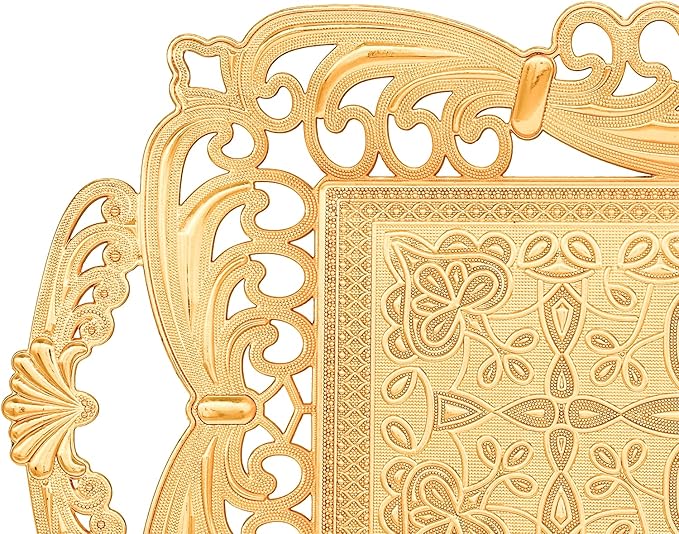 Turkish Tea Coffee Serving Tray with Handles Ottoman Decorative (Gold)