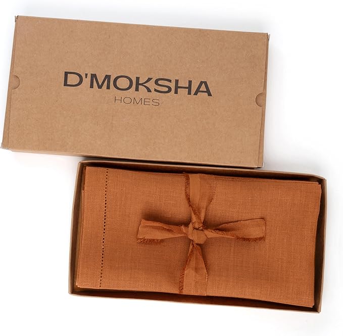 D'Moksha Homes Rust Linen Napkins Set of 6 - Classic Hemstitch 100% Pure Linen Hemstitch Dinner Napkins 20 x 20 Inch for Winter, Christmas, Holiday, New Year - Handcrafted and Machine Washable