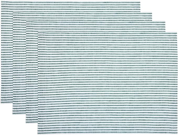 Solino Home Linen Cloth Placemats Set of 4 - Narrow Stripe 100% Pure Linen Rainforest and White Farmhouse Placemats 14 x 19 Inch for Christmas, New Year