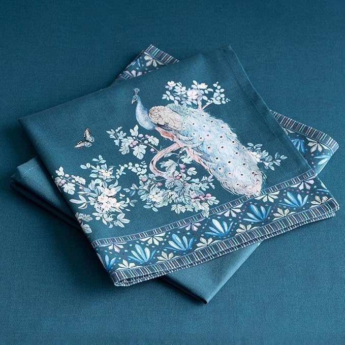Maison d' Hermine Napkin 100% Combed Cotton Premium 20"x20" Decorative Washable Table Cloth Napkins Set of 4 for Dining, Holidays, Buffet & Wedding Use Campagne - Peacock Utopia - Deep Sea