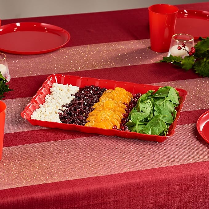 Plasticpro Plastic Serving Trays - Serving Platters Rectangle 9X13 Disposable Party Dish Includes 8 Red Christmas Trays