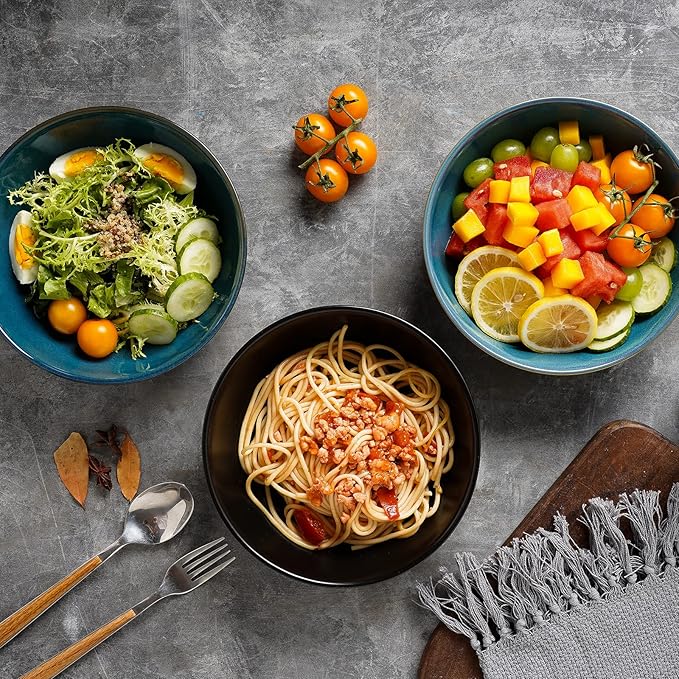 Selamica Ceramic Pasta Bowls 50 OZ, Large Salad Bowls, 8.6 Inch Ceramic Bowls Set for Soup, Cereal, Ramen, Stackable Serving Bowls, Microwave Dishwasher Safe, Matte Black