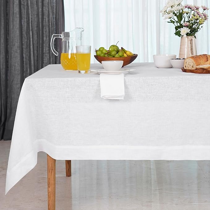 D'Moksha Homes White Linen Tablecloth 60 x 156 Inch - 100% Pure Linen Tablecloth for Rectangle Tables - Machine Washable Table Cloth for Winter, Christmas, Holiday, New Year