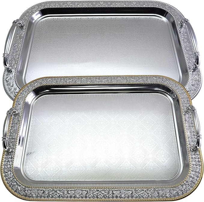 (Pack of 2) 16.5 inch x 11.8 inch Oblong Chrome Plated Serving Tray with Handles Stylish Design Floral Engraved Iron Gold Edge Decorative Party Wedding Buffet Wine Platter Plate FST-012