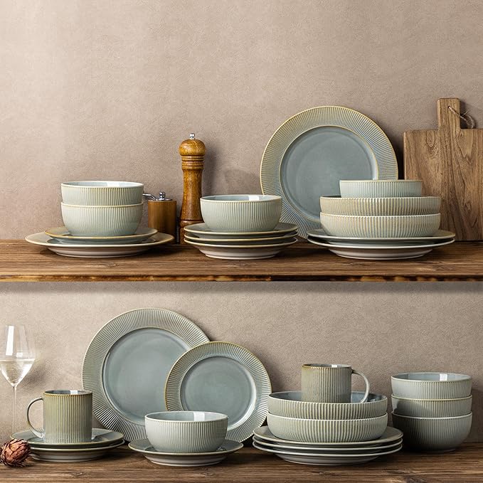 TheTerra Stoneware Dinnerware Sets for 4, 12 Pieces Ceramic Plates and Bowls Sets, Scratch Resistant Embossed Dish Set, Oven, Microwave & Dishwasher Safe, Desert Sage