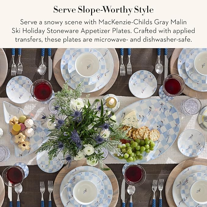 MACKENZIE-CHILDS Gray Malin Set of 4 Stoneware Appetizer Plates, Decorative Dinnerware Plate, 5.5 Inches, Ski Holiday