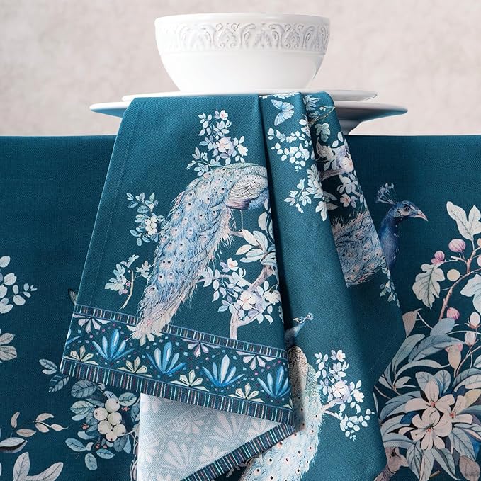 Maison d' Hermine Napkin 100% Combed Cotton Premium 20"x20" Decorative Washable Table Cloth Napkins Set of 4 for Dining, Holidays, Buffet & Wedding Use Campagne - Peacock Utopia - Deep Sea