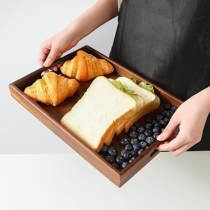 Premium Durable Rectangular Wooden Tray with Handle 16"-100% Natural Walnut Wood Serving Platter for Coffee Table-Great Ottoman Tray Home Decor Plates for Breakfast & Dining