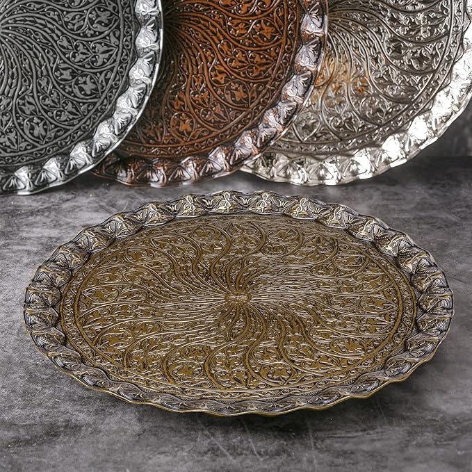 Coffee Tea Beverage Serving Tray, Vintage and Fancy Round Design (Antique Gold)