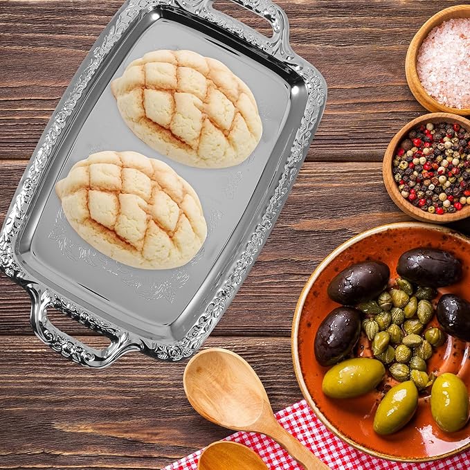Zerodeko Silver Serving Tray: Rectangular Vintage Metal Platter - Stainless Steel Decorative Tray & Antique Whiskey Plate for Kitchen, Coffee Table & Home Decor