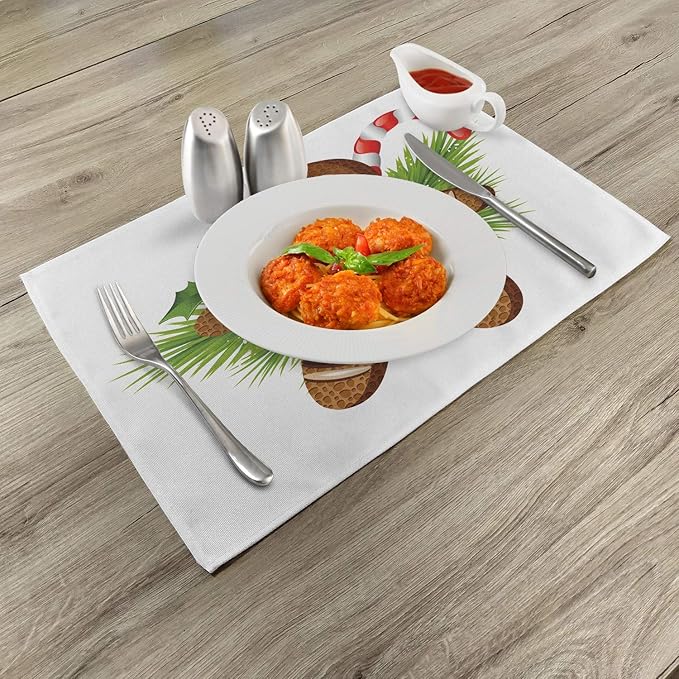 Ambesonne Gingerbread Man Place Mats Set of 4, Tasty Pastry on Coniferous Branches Candy Cane and Holly Berry, Washable Fabric Placemats for Dining Table, Standard Size, Brown and Green