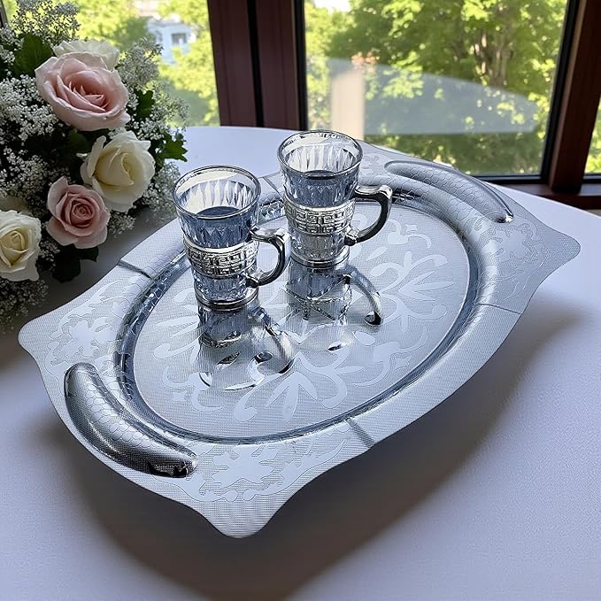 (Pack of 2) 14.2 inch x 9.8 inch Cloud Shape Chrome Plated Silver Serving Tray with Handles Mirror Iron Gold Edge Floral Pattern Engraved Party Birthday Buffet Wine Platter Plate NC-082