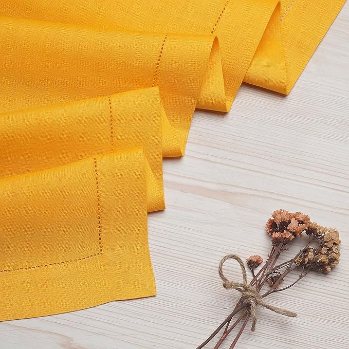 D'Moksha Homes Linen Sunflower Yellow Table Runner 120 Inches Long - 100% Pure Linen Hemstitch 14 x 120 Inch Table Runner for Dining, Winter, Christmas, Holiday, New Year - Classic Hemstitch