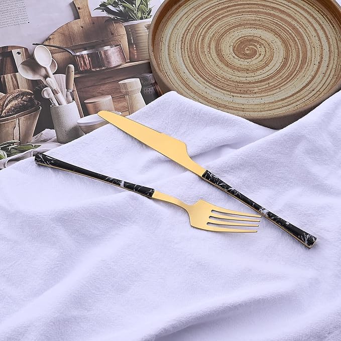 24PCS Silverware Set 18/0 Stainless Steel Flatware Set for 6 Includes 6 Dinner Knife/6 Dinner Fork/6 Dinner Spoon/6 Teaspoon Mirror Polished Cutlery for Home - Black Gold Eating Utensils