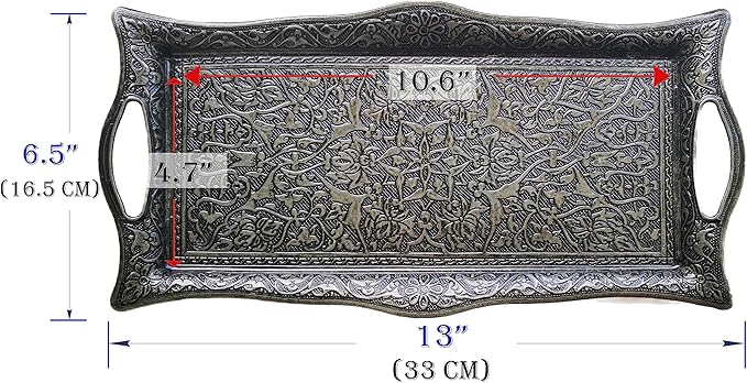 Metal Serving Tray with Raised Edges, Vintage Design Tray, Rectangular Metal Serving Tray, Decorative Serving Platter, Turkish Ottoman Coffee Tea Beverage Serving Square Tray (Smoke Gray)