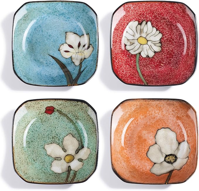 Porcelain Square Dessert Salad Pasta Plates 6.7 inches ceramic plates set of 4 Stackable Dinner Plates for Steak, Pasta, Salad,Dessert，Microwave and Dishwasher Safe (4 colors, 6.7 Inch)