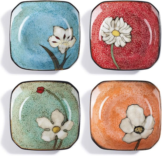 Porcelain Square Dessert Salad Pasta Plates 6.7 inches ceramic plates set of 4 Stackable Dinner Plates for Steak, Pasta, Salad,Dessert，Microwave and Dishwasher Safe (4 colors, 6.7 Inch)
