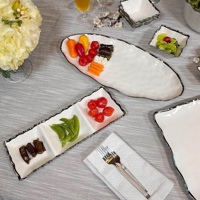 Regency Silver 3-Section Porcelain Tray with Scalloped Edges & Metallic Silver Rim, 15" Elegant Serving Tray for Appetizers, Dips & Relishes, Perfect for Entertaining & Everyday