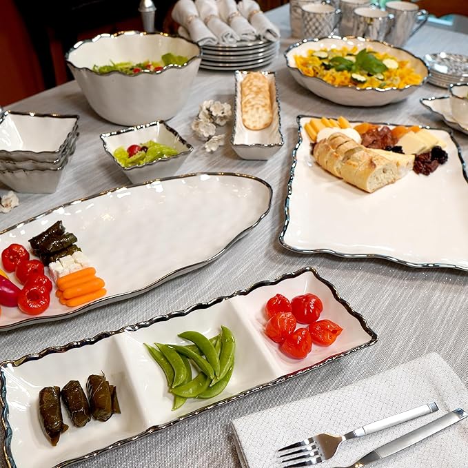 Regency Silver 3-Section Porcelain Tray with Scalloped Edges & Metallic Silver Rim, 15" Elegant Serving Tray for Appetizers, Dips & Relishes, Perfect for Entertaining & Everyday