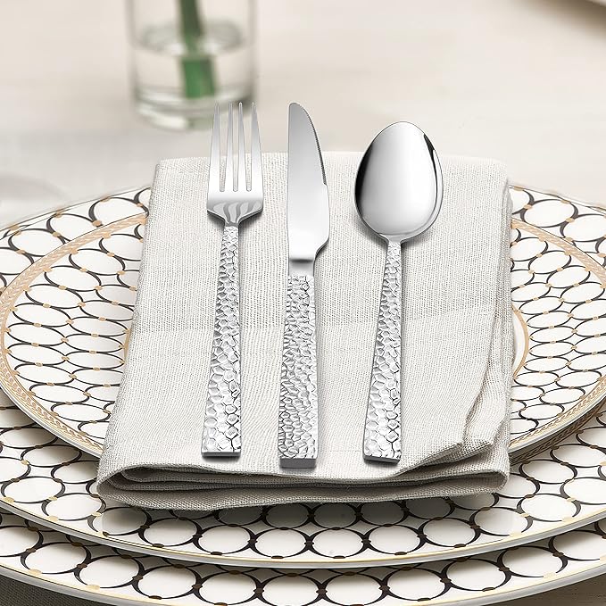 HaWare 24 Pieces Hammered Forks and Spoons Silverware set (7.9 Inches), Stainless Steel Flatware Cutlery for Home/Kitchen/Restaurant, Include 12 Dinner Forks and 12 Dinner Spoons, Dishwasher Safe