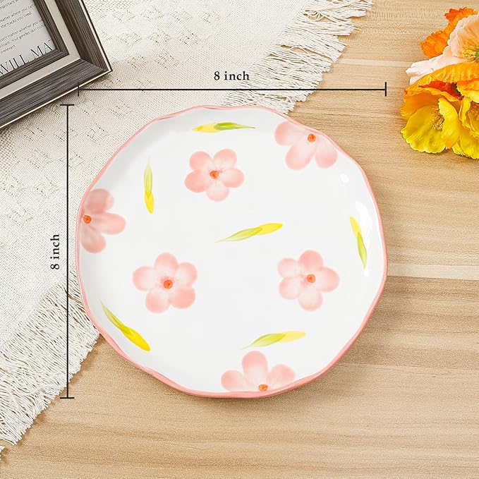 Koythin Floral Ceramic Dinner Plates, 8" Microwave Safe Dishes for Pasta, Modern Rustic Appetizer Plate for Salad Fruits Dessert Cake (Pink Large Petals)
