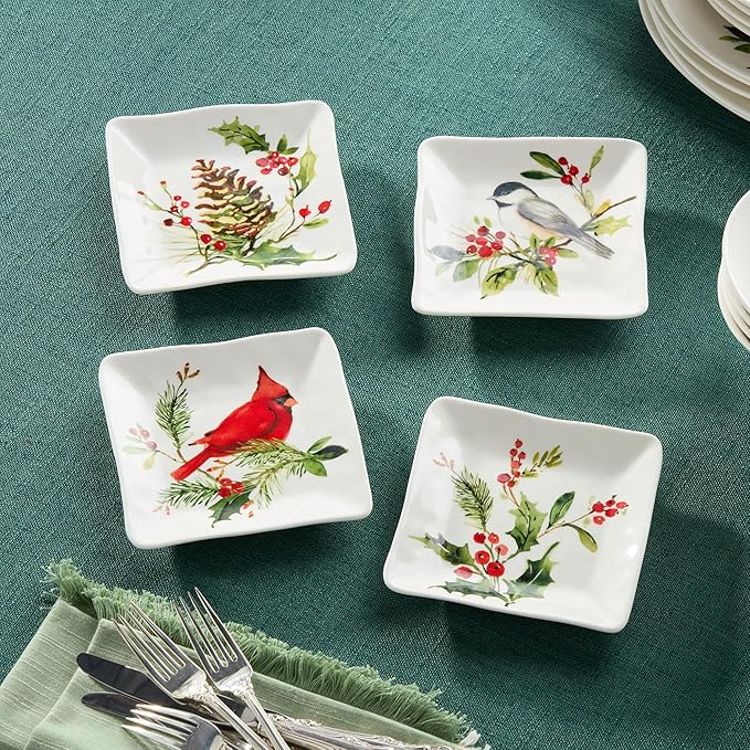 Holly and Vines Christmas Canape Plates Set of 4 – Stoneware Holiday Appetizer Plates with Birds, Berries & Pinecones, Artist-Designed Winter Tableware for Entertaining & Gifting