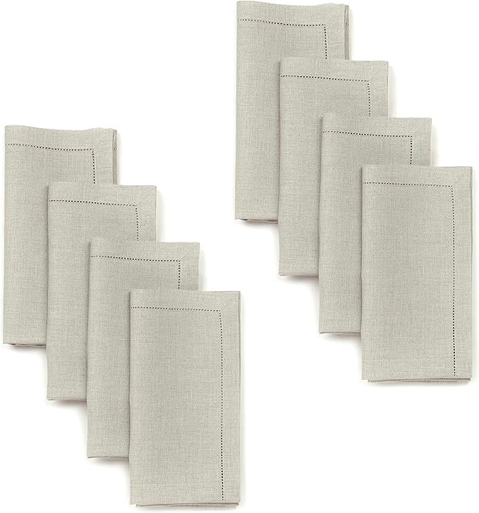 D'Moksha Homes Natural Linen Napkins Set of 8 - Classic Hemstitch 100% Pure Linen Hemstitch Dinner Napkins 20 x 20 Inch for Winter, Christmas, Holiday, New Year - Handcrafted and Machine Washable