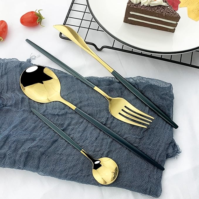 JASHII 24-Piece Titanium Green Plated Stainless Steel Flatware Set, Green Handle, Gold Mouth Utensils, Shiny Gold Finish for 6
