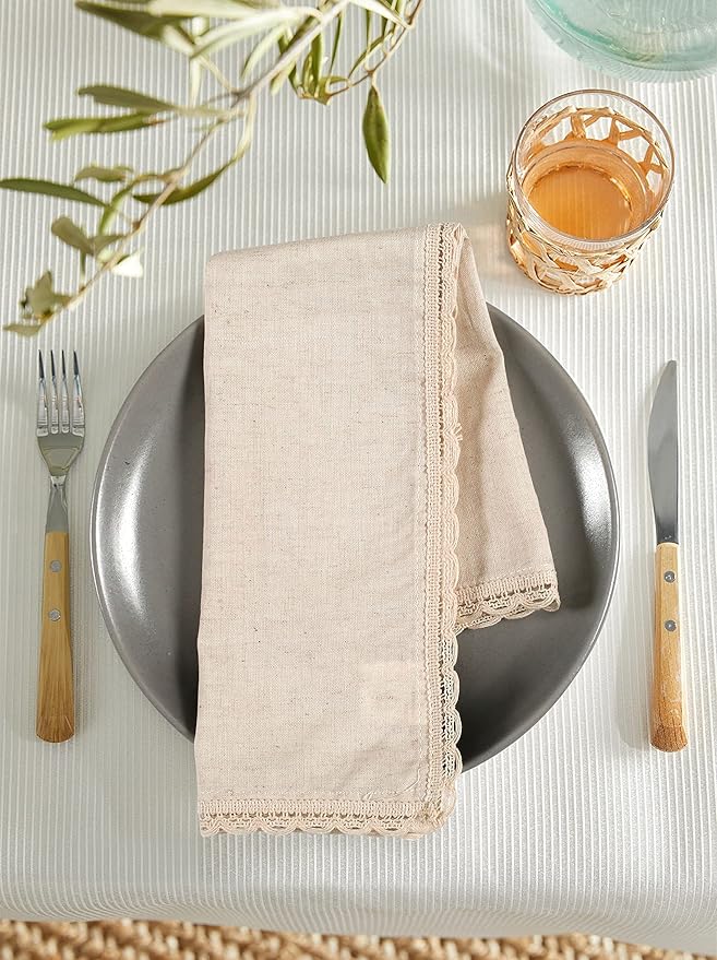 Ramanta Home Natural Coth Dinner Napkin Set of 12 Premium Cotton 20X20 Inch Oversized Linen Flax Lace Soft & Durable Washable Ideal for Everyday Use Parties Thanksgiving Christmas Halloween
