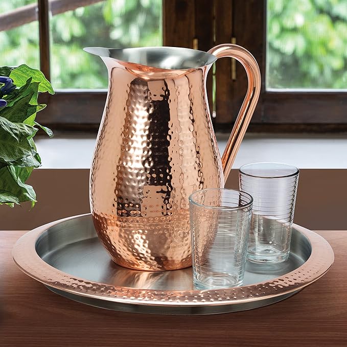 OGGI Round Stainless Steel Tray with Copper Rim 14" - Ideal for Coffee Table, Decorative, Tea and Bar Serving