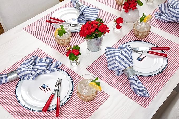 Solino Home Linen Cloth Placemats Set of 4 - Narrow Stripe 100% Pure Linen Red and White Farmhouse Placemats 14 x 19 Inch for Christmas, Holiday, Winter, New Year