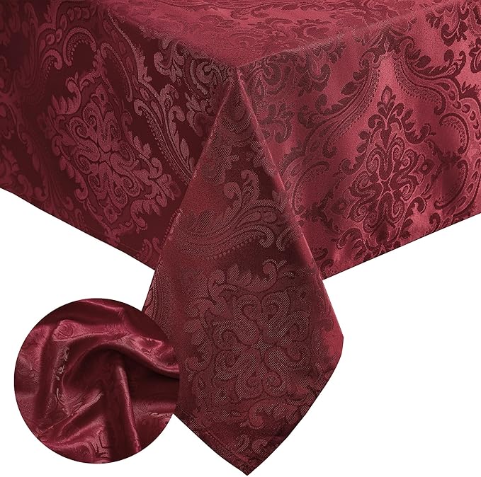 Elrene Home Fashions Caiden Elegance Damask Waterproof, Stain & Wrinkle Resistant Fabric Tablecloth, 52" x 52" Square, Cranberry