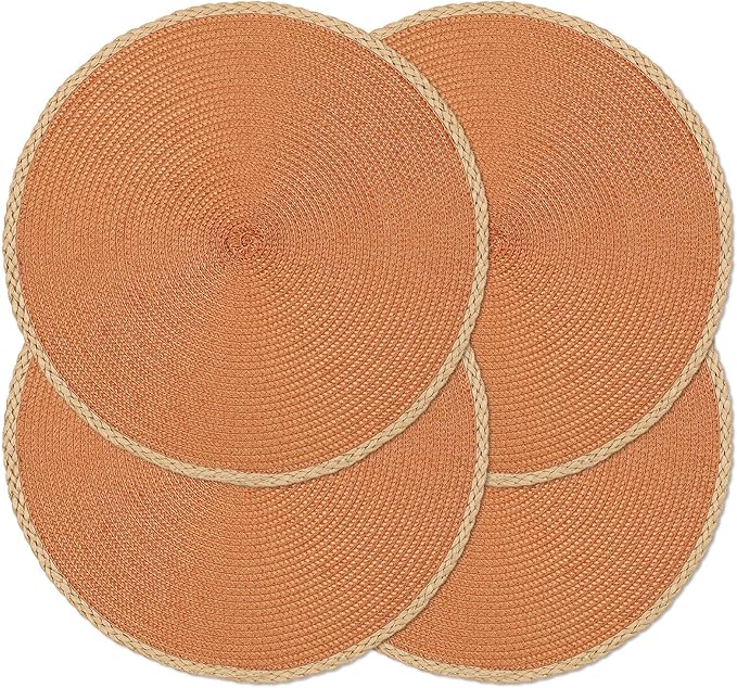Noctiflorous Round Placemats Set of 4, 15 Inch Braided Hand Woven Table Mats, Heat Resistant Non-Slip Wipeable Thin Edge Place Mats for Kitchen Dining Indoor Outdoor Use(Orange, 4)