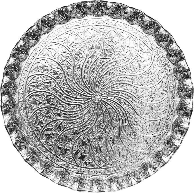 Coffee Tea Beverage Serving Tray, Vintage and Fancy Round Design (Bright Silver)