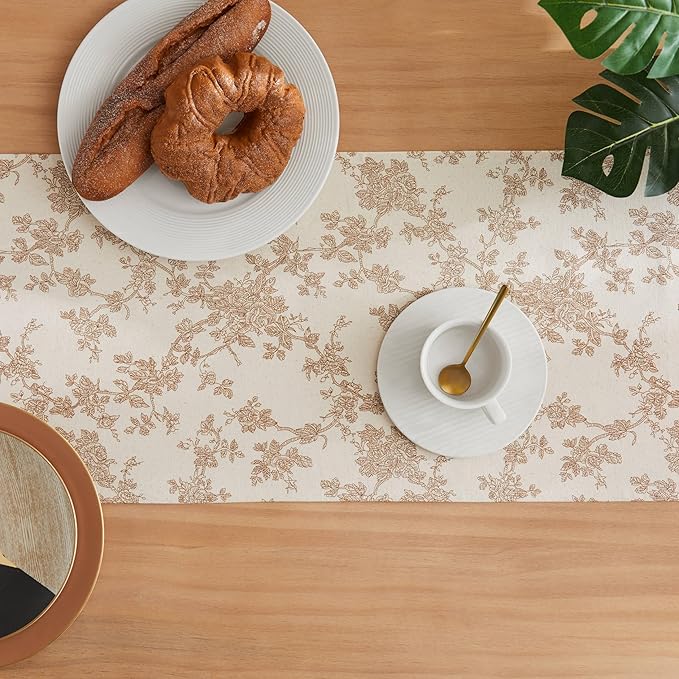 100% Cotton French Pastoral Table Runners, 13x90 Inch Brown Farmhouse Table Runners 90 Inches Long, Vintage Flowers Print Home Decors