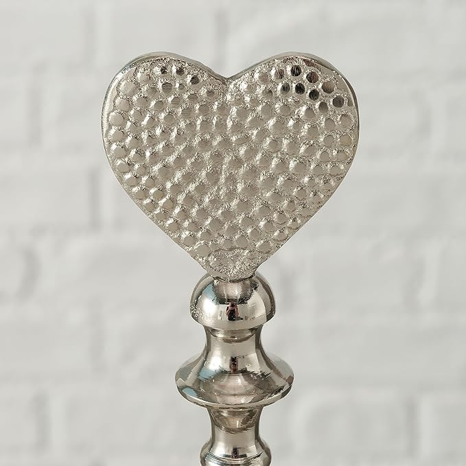 Heart Handle Serving Trays, Set of 2, Single Tier, Handmade, Gleaming Silver Metal, Circular, Pedestal Base, Aluminum, 8.25 Inches