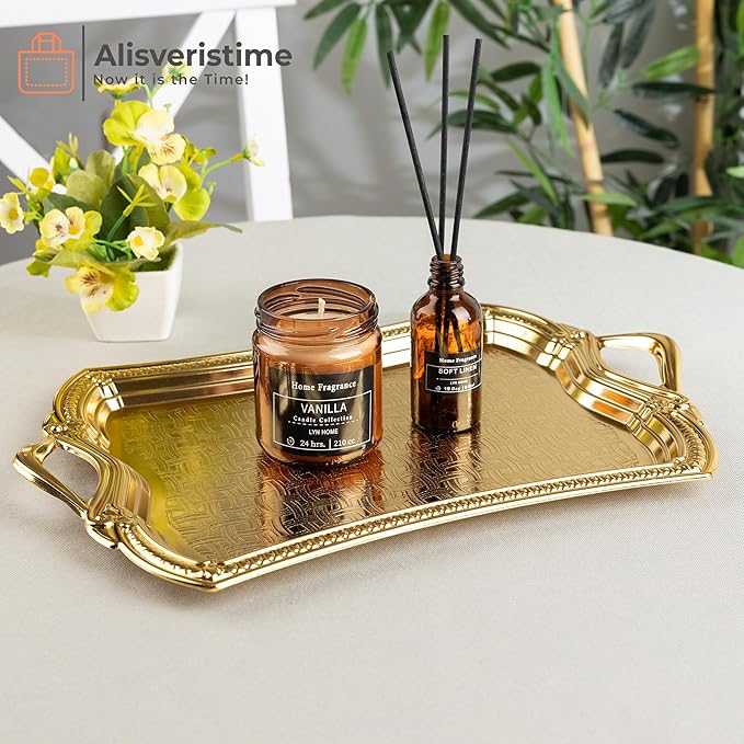 Alisveristime 2-Person Rectangular Metal Serving Tray – Ottoman Motif, (14.6" x 9", 13.1 oz) (Gold)