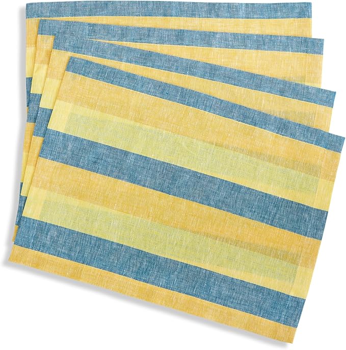 Solino Home Linen Cloth Placemats Set of 4 - Cabana Stripe 100% Pure Linen Bright Summer Stripe Farmhouse Placemats 14 x 19 Inch