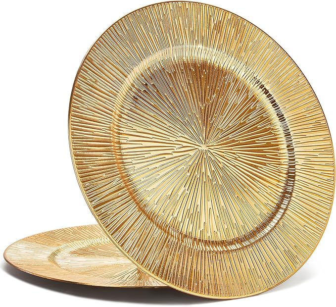 Value Set of 24 Charger Plates, Gold Plastic Dinner Chargers 13 Inch Multi-Use for Holiday Decor Restaurant Catering Special Events