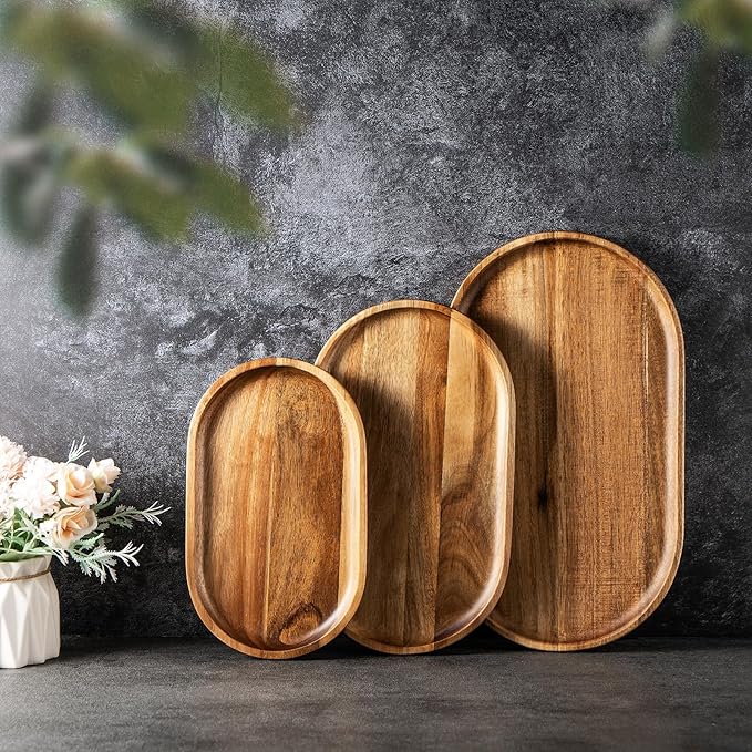 Set of 3 Wooden Tray Serving Platters Acacia Wood Serving Trays Home Decor Cheese Board Cake Plates Serving Dishes for Entertaining Kitchen Charcuterie Platter for Food Dish Dessert Snack Tray