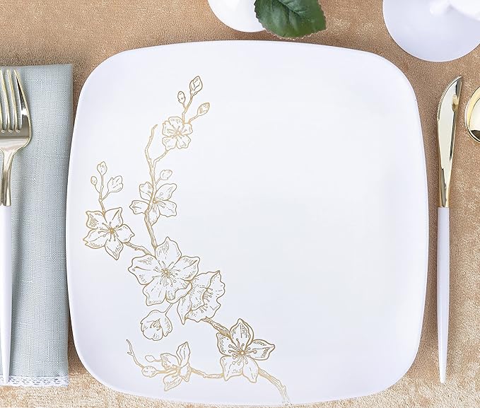 PLASTICPRO Square 128 Piece Combo Plates Set includes 64 x 7'' inch Salad Plates & 64 x 10'' inch Dinner Plate White Plastic Gold Buds Design Party Elegant, Tableware, Dishes,