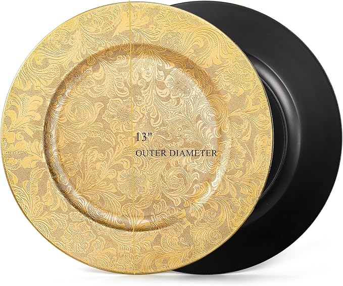 ZOOFOX 12 Pack Gold Charger Plates, 13" Plastic Round Antique Plate Chargers for Dinner Plates, Floral Charger Plates for Wedding Dinner Party Table Setting Decor