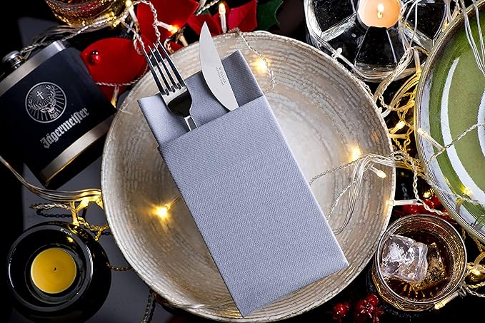 Silver Dinner Napkins Cloth Like with Built-in Flatware Pocket, Linen-Feel Absorbent Disposable Paper Hand Napkins for Kitchen, Bathroom, Parties, Weddings, Dinners or Events, Pack of 50