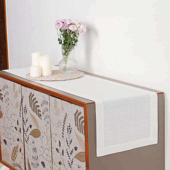 D'Moksha Homes Linen White Table Runner 48 Inches - 100% Pure Linen Table Runner 14 x 48 Inch for Coffee Tables, Dresser, Winter, Christmas, Holiday, New Year - Machine Washable