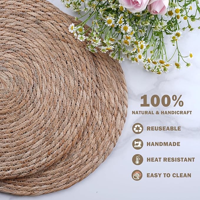 Boho Woven Placemats Set of 6 with Wooden Napkin Rings, 13" Natural Water Hyacinth Rattan Wicker Table Mats Charger Plates for Christmas Decorations, Thanksgiving, Rustic Dining & Home Decor