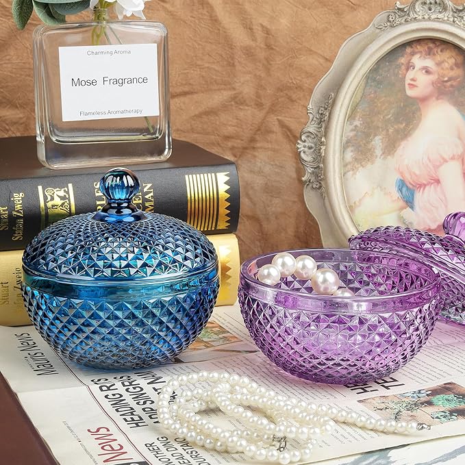 Joeyan 12 oz Small Purple Glass Jewelry Box Jars with Lid,Embossed Glass Candy Dishes,Diamond Faceted Food Container,Decorative Apothecary Canisters,Colored Kitchen Bathroom Buffet Storage Organizer
