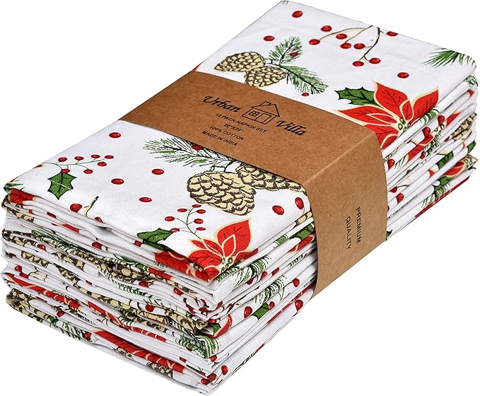 Urban Villa Cloth Napkins Set of 12(20x20 Inches)100% Cotton Napkins Cloth Washable Durable Reusable Absorbent Table Dinner Napkins Cloth for Christmas Hotel Lunch Restaurant Parties –Pine Cone Print